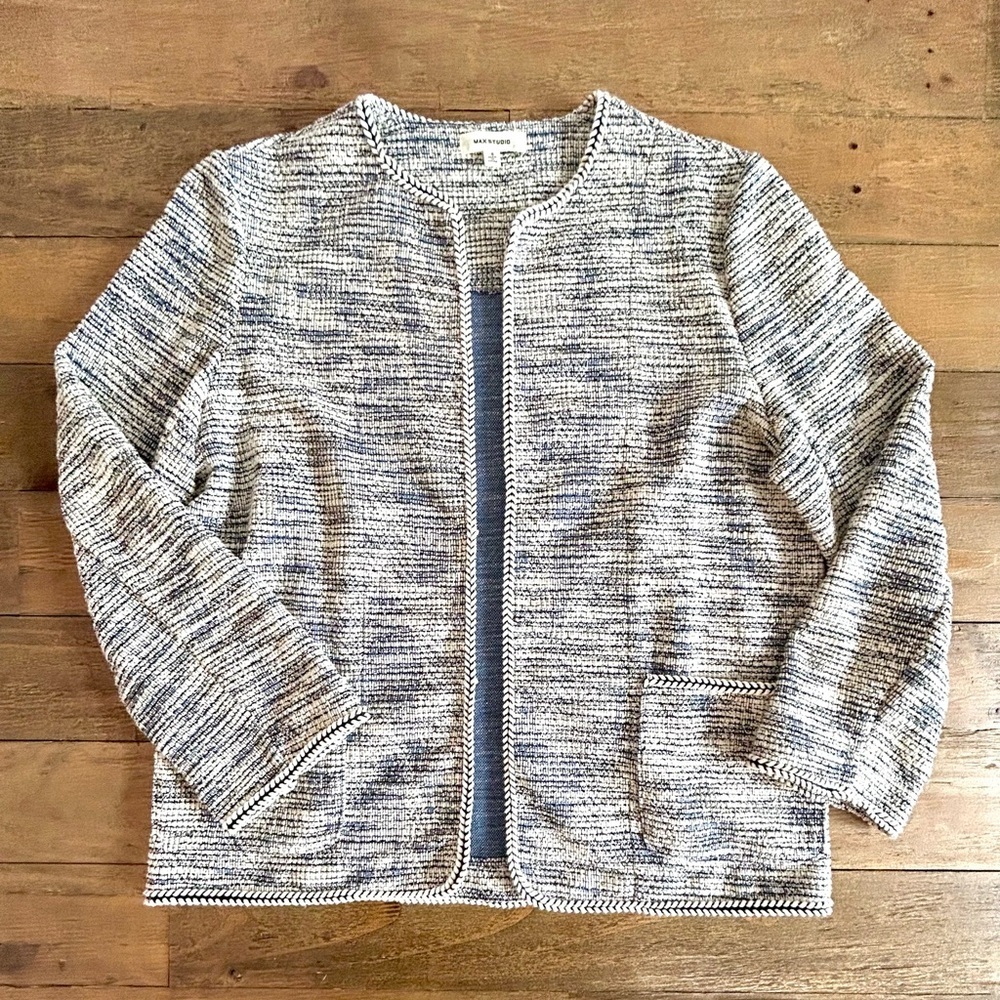 MAX STUDIO Cardigan Blazer Textured Tweed Braided Pockets Blue, black white blue - Picture 2 of 10